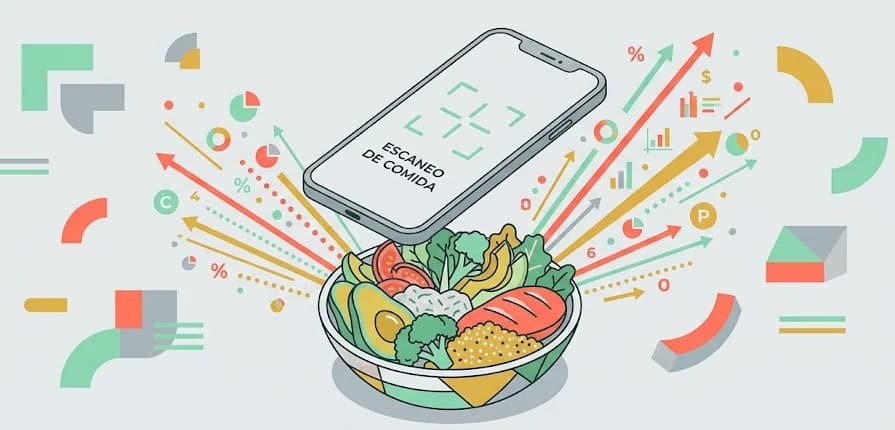 Un telefono escaneando un plato de comida y extrayendo calorias y macronutrientes